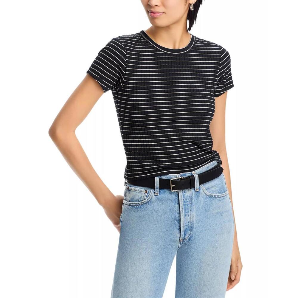 158$ Rag & Bone Luca Striped Ribbed Baby T-Shirt Top Short Sleeves Size XS Black - Picture 1 of 1